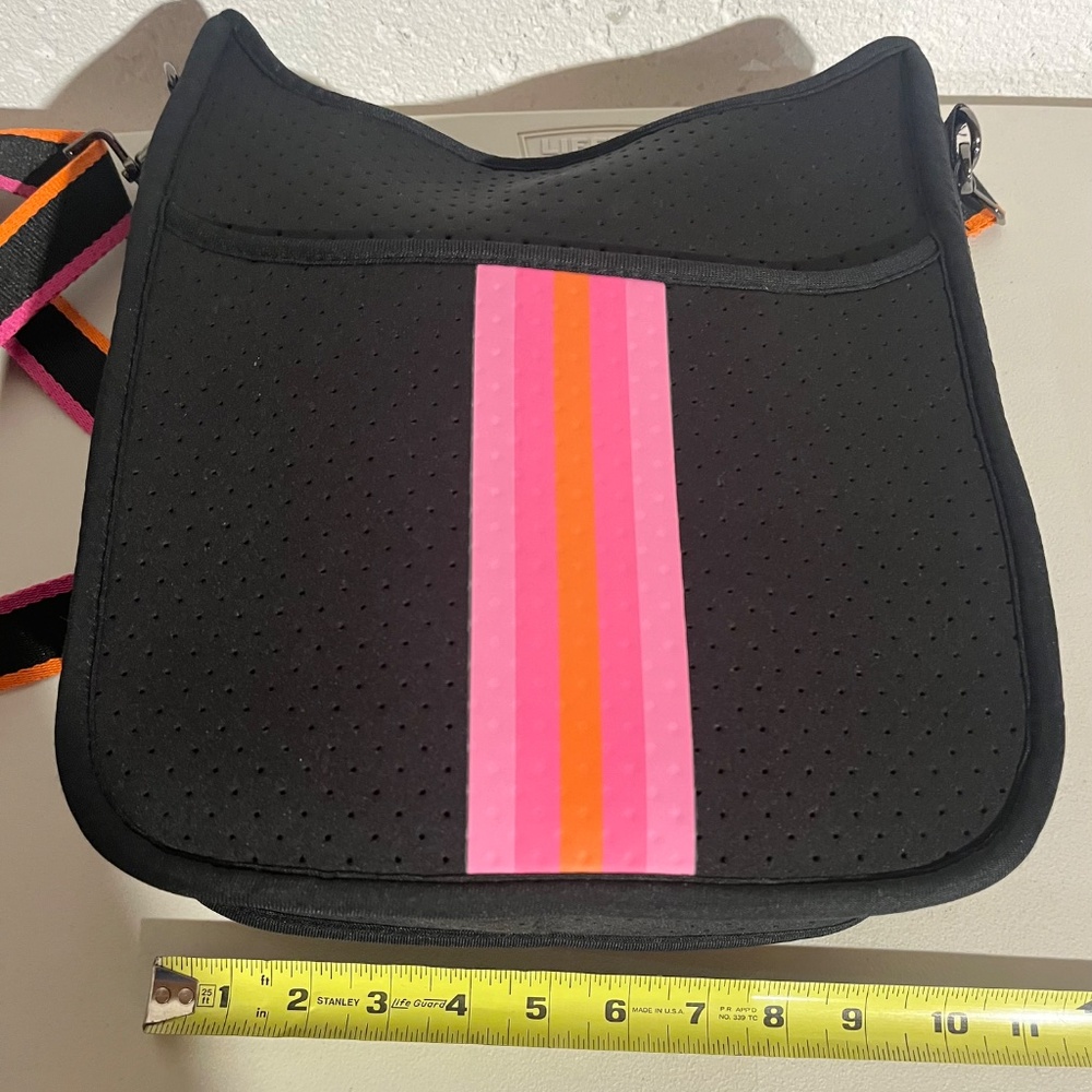 Scuba Fabric Black Crossbody Bag Pink Stripe - Picture 4 of 5